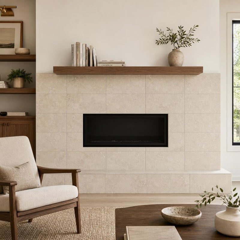 Cross Cut Travertine Classico 12x24 Honed Filled Tile — Living Room fireplace surround