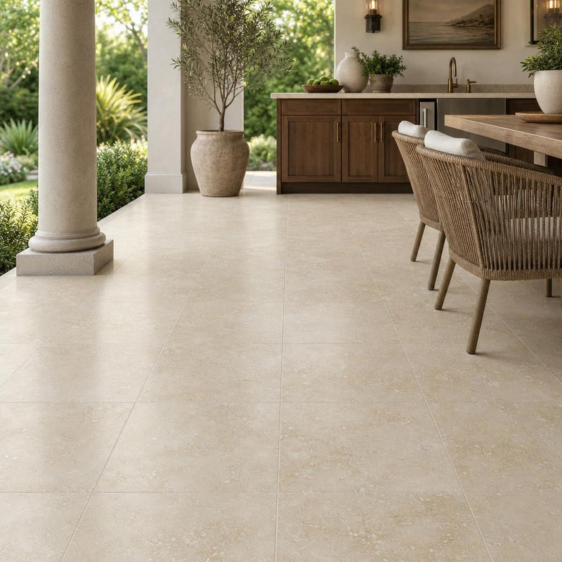 Cross Cut Travertine Classico 18x18 Honed Filled Tile — Covered Patio floor