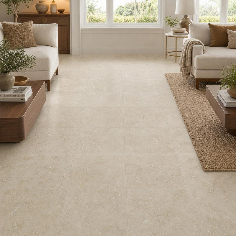 Cross Cut Travertine Classico 18x18 Honed Filled Tile — Family Room floor