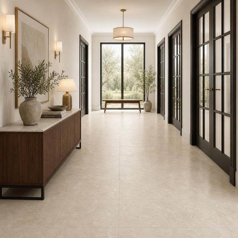 Cross Cut Travertine Classico 18x18 Honed Filled Tile — Hallway floor
