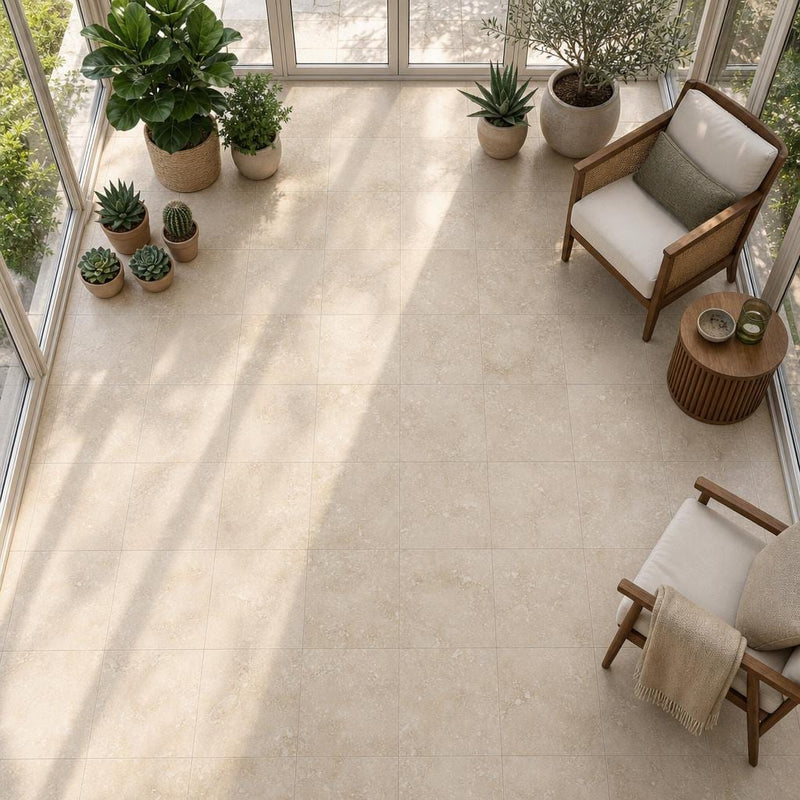Cross Cut Travertine Classico 18x18 Honed Filled Tile — Sunroom floor