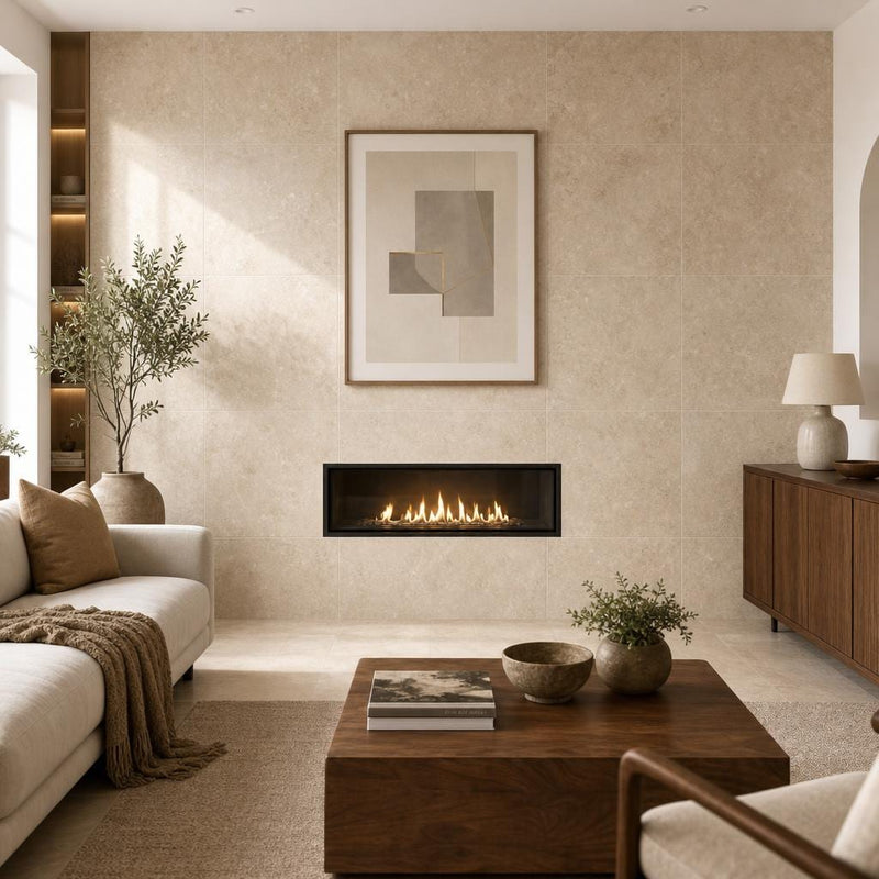 Cross Cut Travertine Classico 24x24 Honed Filled Tile — Living Room feature wall
