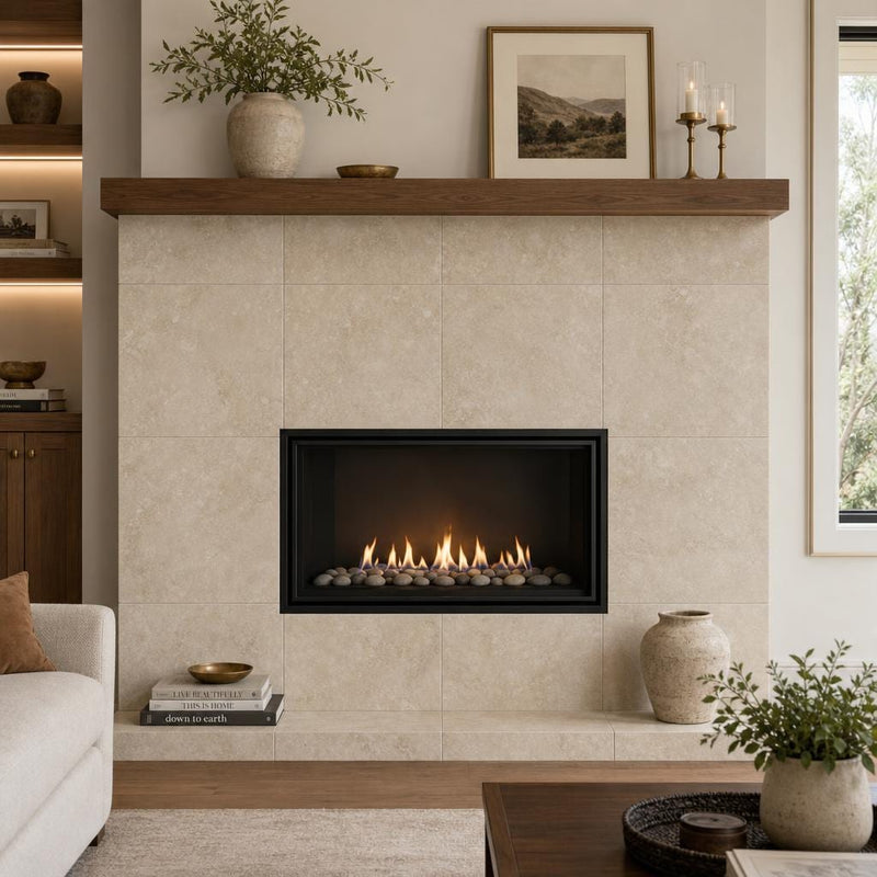 Cross Cut Travertine Classico 24x24 Honed Filled Tile — Living Room fireplace surround