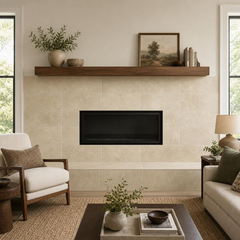 Cross Cut Travertine Ivory 12x24 Honed Filled Tile — Living Room fireplace surround