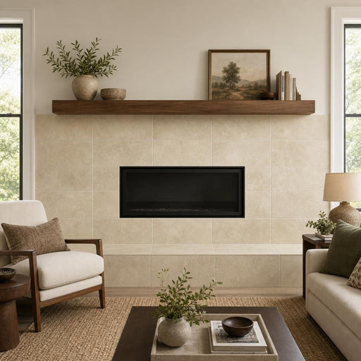 Cross Cut Travertine Ivory 12x24 Honed Filled Tile — Living Room fireplace surround
