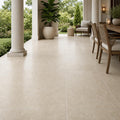 Cross Cut Travertine Ivory (Navona) 18x18 Honed Filled Tile — Covered Patio floor