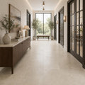 Cross Cut Travertine Ivory (Navona) 18x18 Honed Filled Tile — Hallway floor