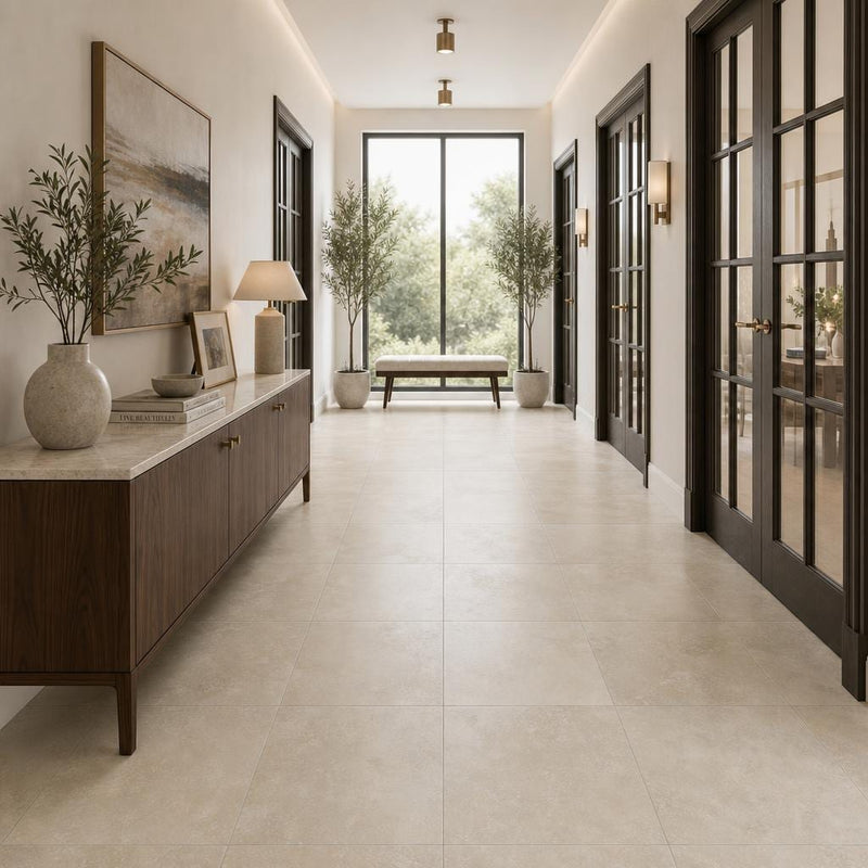 Cross Cut Travertine Ivory (Navona) 18x18 Honed Filled Tile — Hallway floor