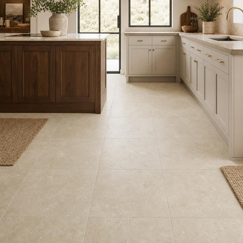 Cross Cut Travertine Ivory (Navona) 18x18 Honed Filled Tile — Kitchen floor