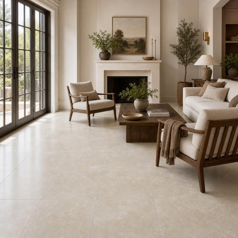 Cross Cut Travertine Ivory (Navona) 18x18 Honed Filled Tile — Living Room floor