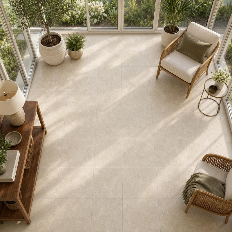 Cross Cut Travertine Ivory (Navona) 18x18 Honed Filled Tile — Sunroom floor