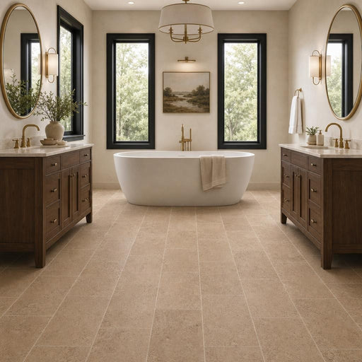 Cross Cut Travertine Noce 12x24 Honed Filled Tile — Bathroom floor