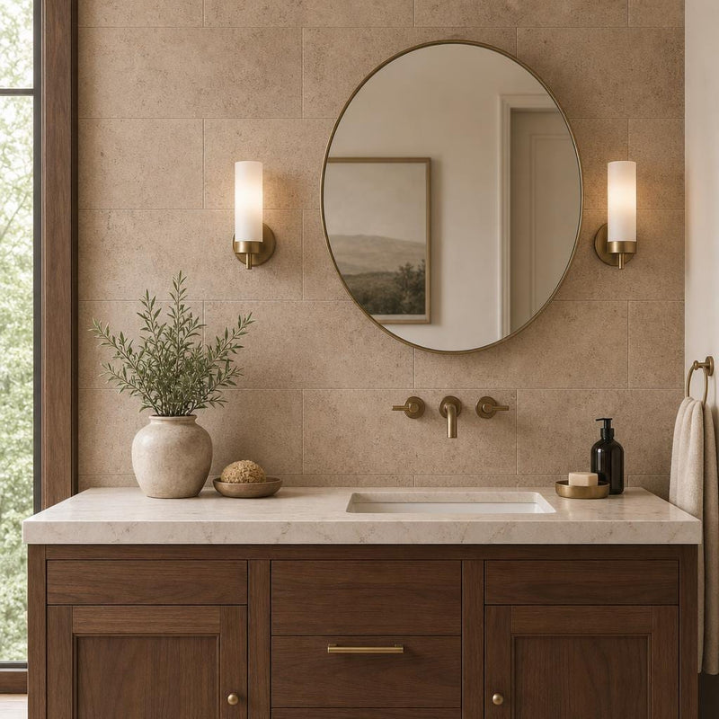Cross Cut Travertine Noce 12x24 Honed Filled Tile — Bathroom vanity wall