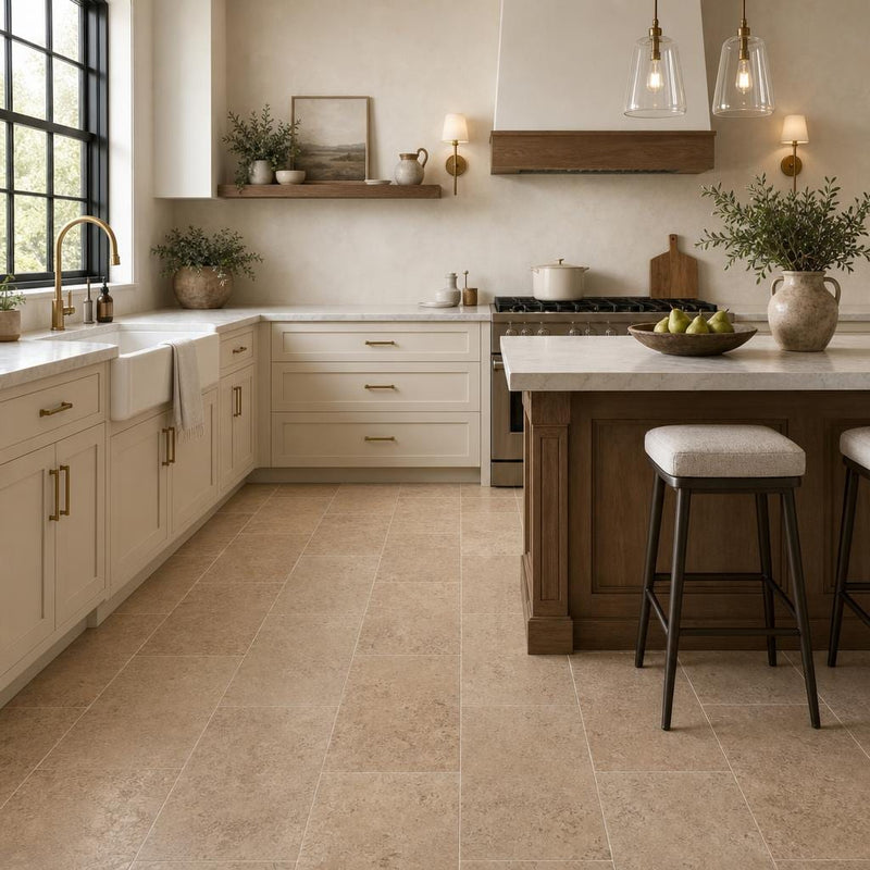Cross Cut Travertine Noce 12x24 Honed Filled Tile — Kitchen floor