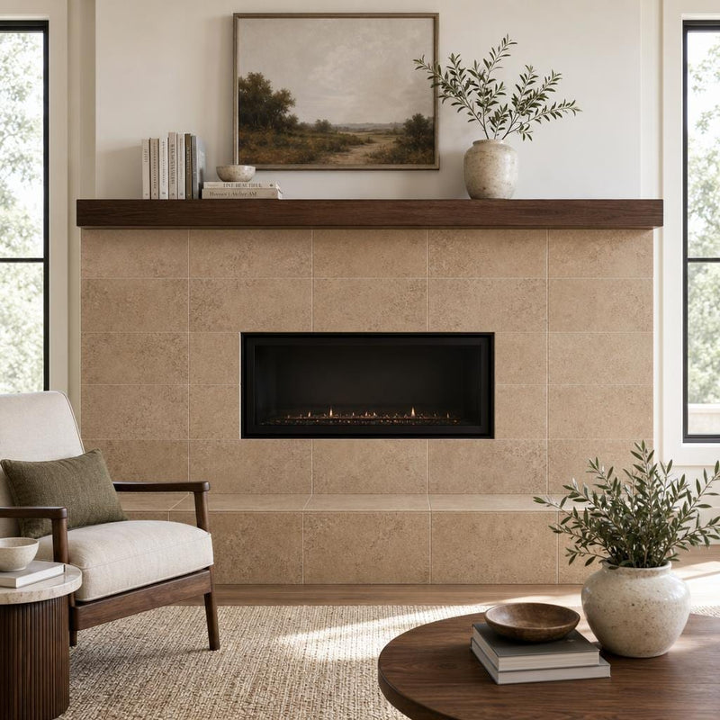 Cross Cut Travertine Noce 12x24 Honed Filled Tile — Living Room fireplace surround