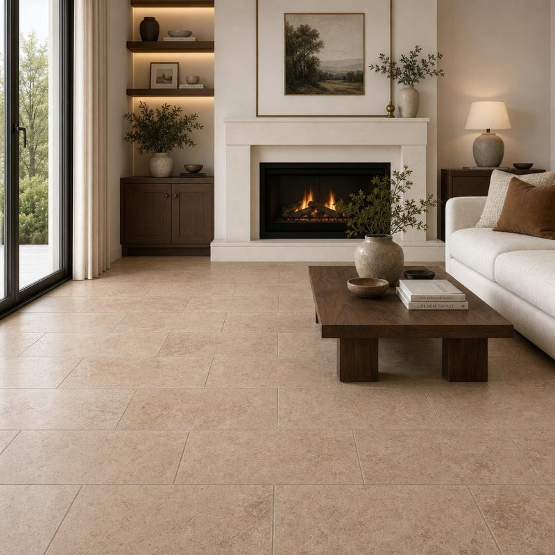 Cross Cut Travertine Noce 12x24 Honed Filled Tile — Living Room floor