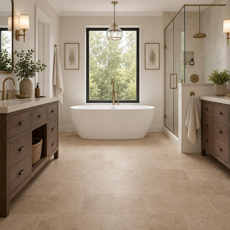 Cross Cut Travertine Noce 12x24 Honed Filled Tile — Primary Bath floor