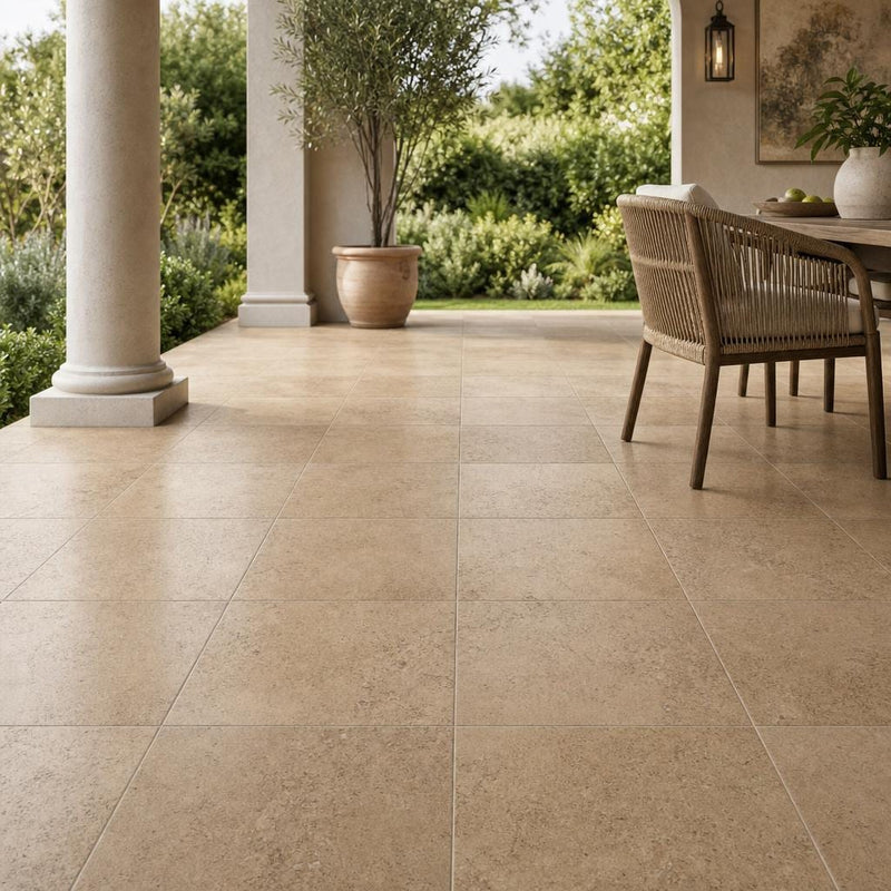Cross Cut Travertine Noce 18x18 Honed Filled Tile — Covered Patio floor