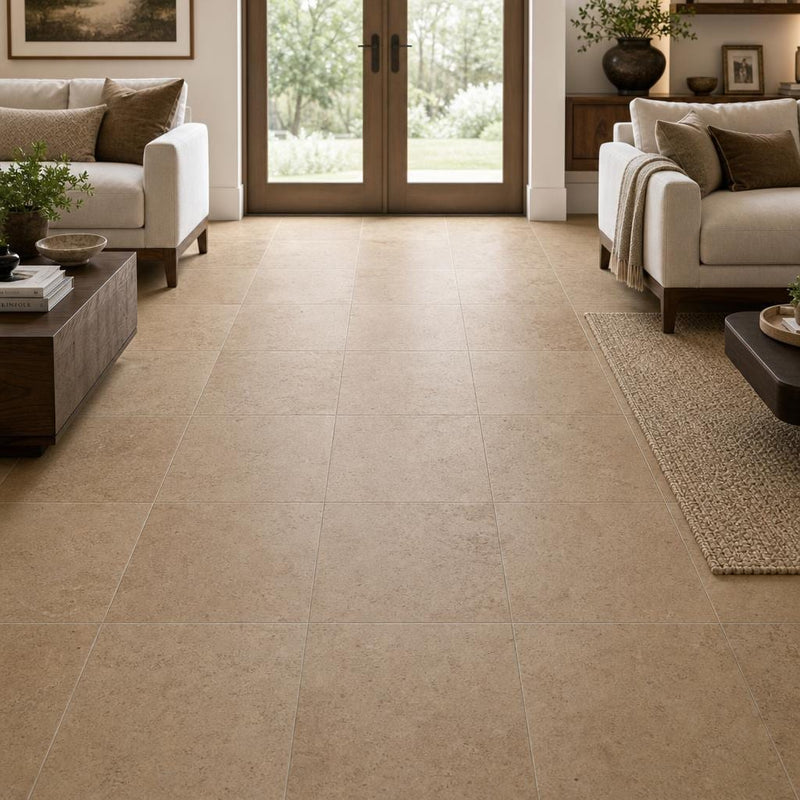 Cross Cut Travertine Noce 18x18 Honed Filled Tile — Family Room floor