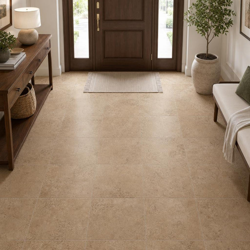 Cross Cut Travertine Noce 18x18 Honed Filled Tile — Foyer floor