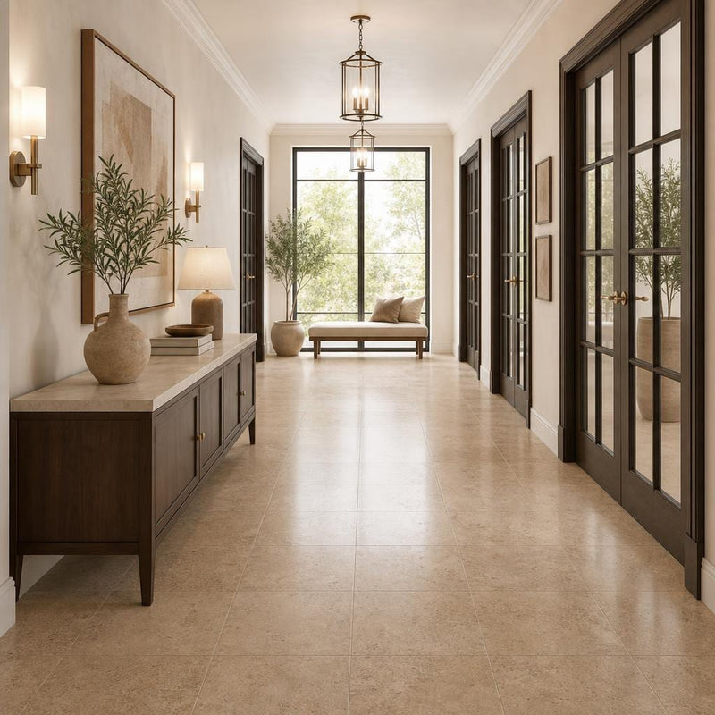 Cross Cut Travertine Noce 18x18 Honed Filled Tile — Hallway floor