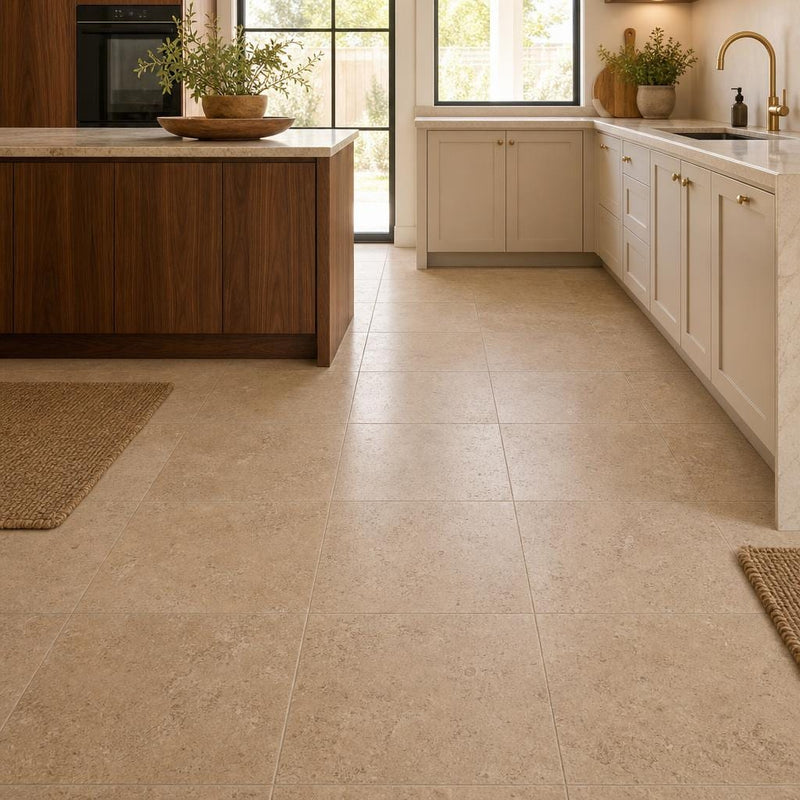 Cross Cut Travertine Noce 18x18 Honed Filled Tile — Kitchen floor