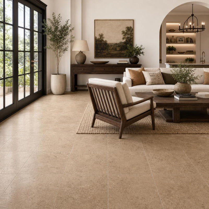Cross Cut Travertine Noce 18x18 Honed Filled Tile — Living Room floor
