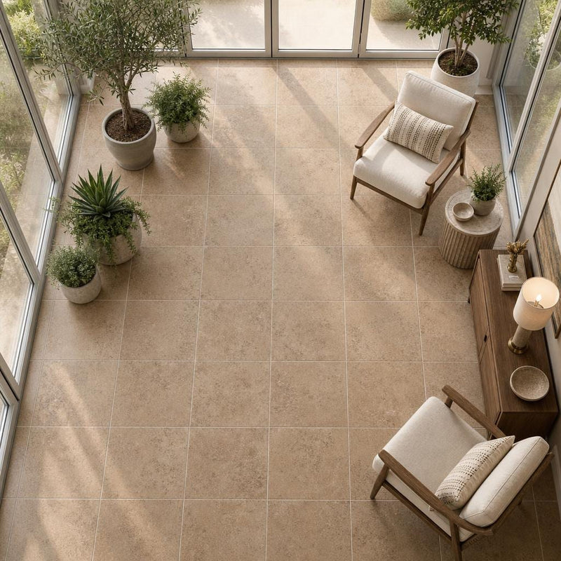 Cross Cut Travertine Noce 18x18 Honed Filled Tile — Sunroom floor