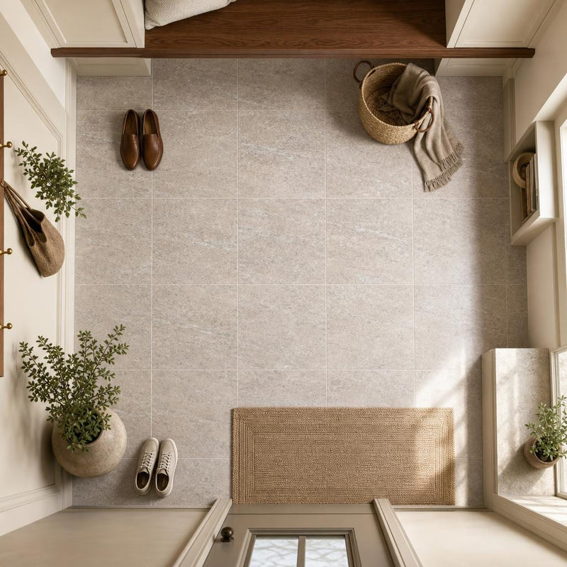 Cross Cut Travertine Silver 12x12 Honed Filled Tile — Mudroom floor