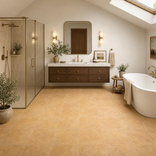 Cross Cut Travertine Tuscany Gold 12x12 Honed Filled Tile — Bathroom floor
