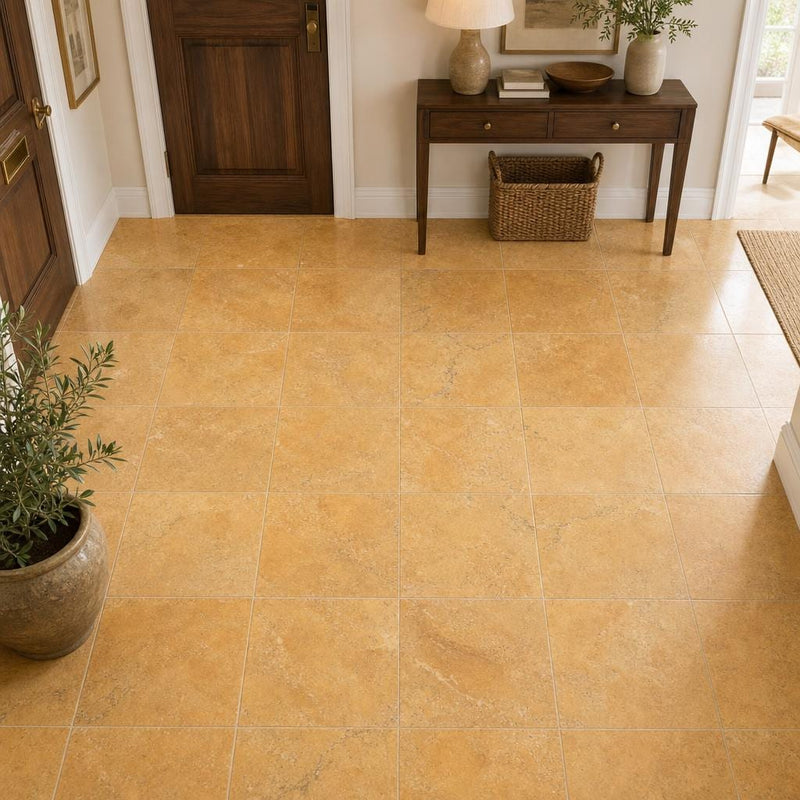 Cross Cut Travertine Tuscany Gold 12x12 Honed Filled Tile — Foyer floor