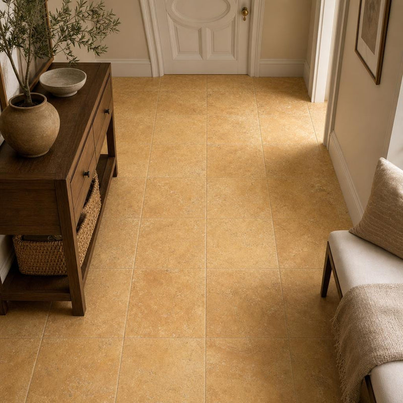Cross Cut Travertine Tuscany Gold 12x12 Honed Filled Tile — Hallway floor