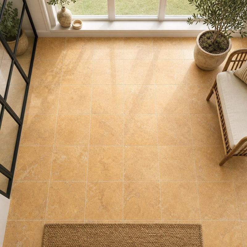 Cross Cut Travertine Tuscany Gold 12x12 Honed Filled Tile — Sunroom floor