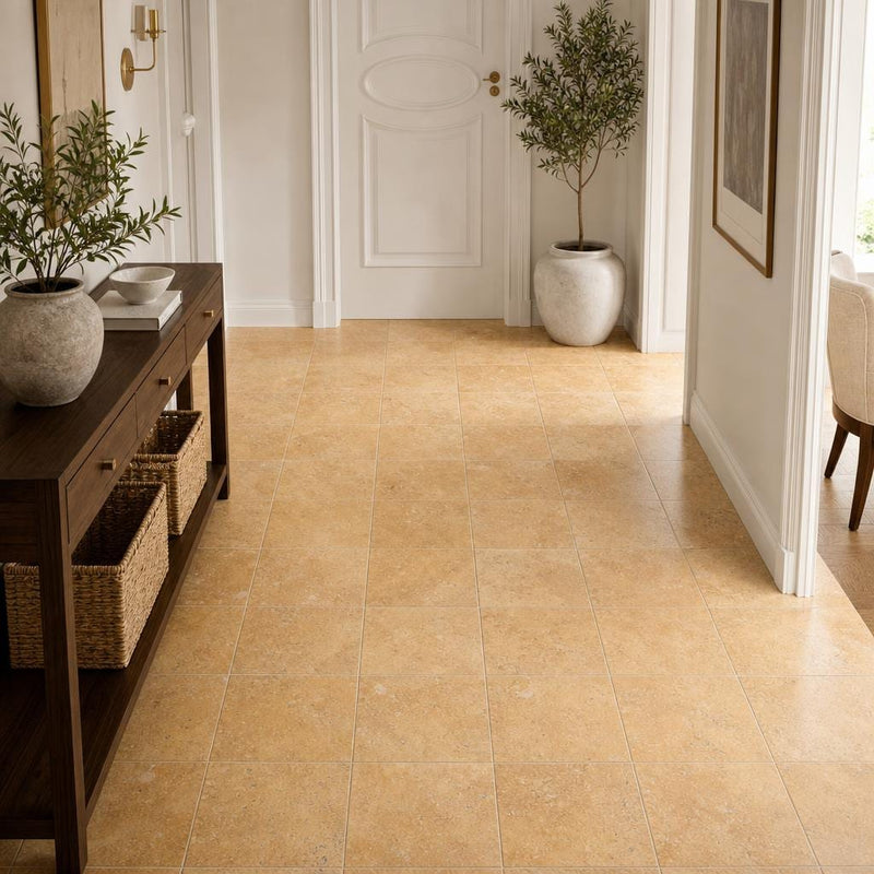 Cross Cut Travertine Tuscany Gold 12x12 Polished Filled Tile — Hallway floor