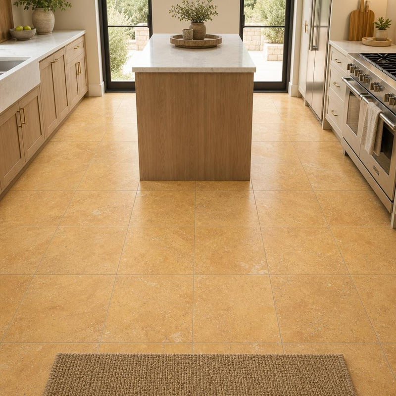 Cross Cut Travertine Tuscany Gold 12x12 Polished Filled Tile — Kitchen floor