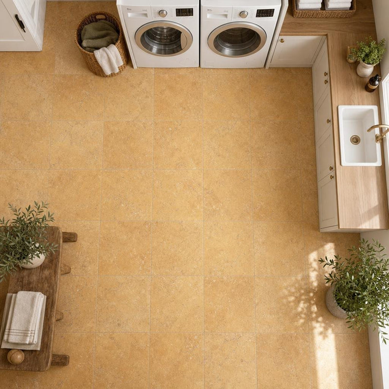 Cross Cut Travertine Tuscany Gold 12x12 Polished Filled Tile — Laundry Room floor