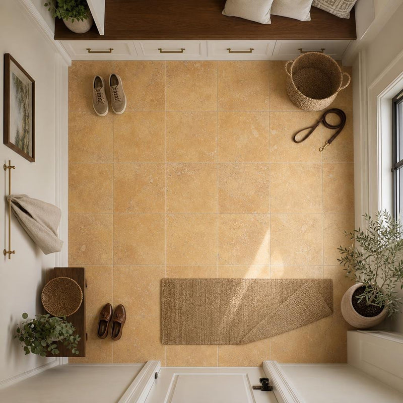 Cross Cut Travertine Tuscany Gold 12x12 Polished Filled Tile — Mudroom floor