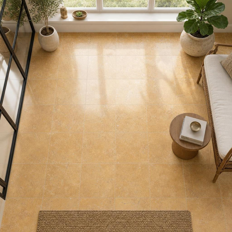 Cross Cut Travertine Tuscany Gold 12x12 Polished Filled Tile — Sunroom floor
