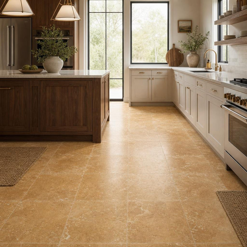 Cross Cut Travertine Tuscany Gold 18x18 Honed Filled Tile — Kitchen floor