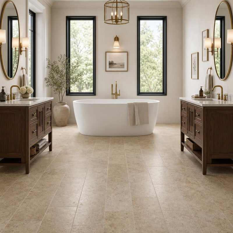 Cross Cut Travertine Walnut 12x24 Honed Filled Tile — Bathroom floor