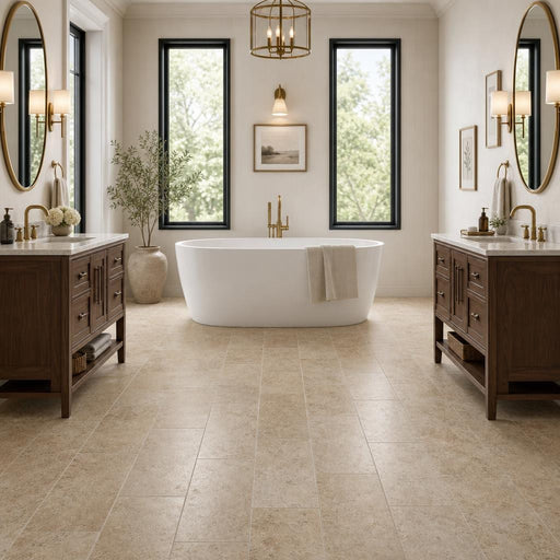 Cross Cut Travertine Walnut 12x24 Honed Filled Tile — Bathroom floor