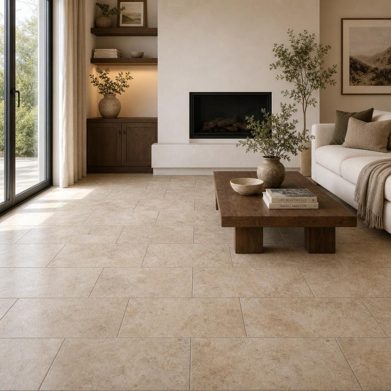 Cross Cut Travertine Walnut 12x24 Honed Filled Tile — Living Room floor