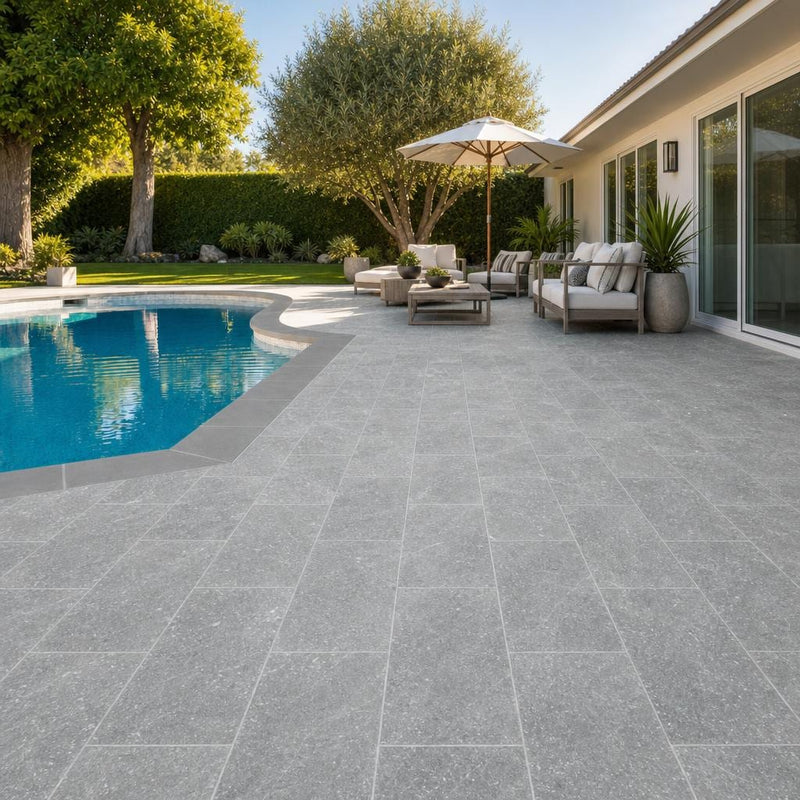 Cumulus Marble Paver 12x24 Tumbled 1.25 inch — Backyard pool deck