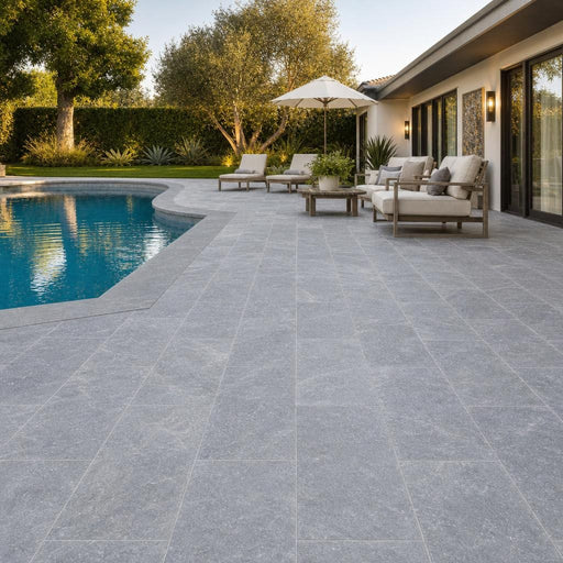 Cumulus Marble Paver 16x24 Sandblasted, Brushed 1.25 inch — Backyard pool deck