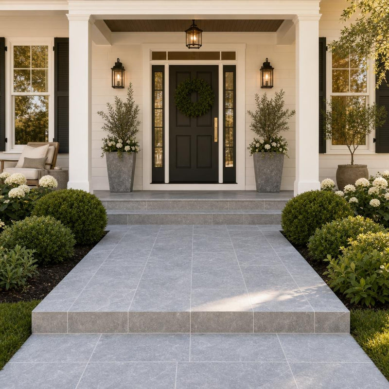 Cumulus Marble Paver 16x24 Sandblasted, Brushed 1.25 inch — Front Yard front porch