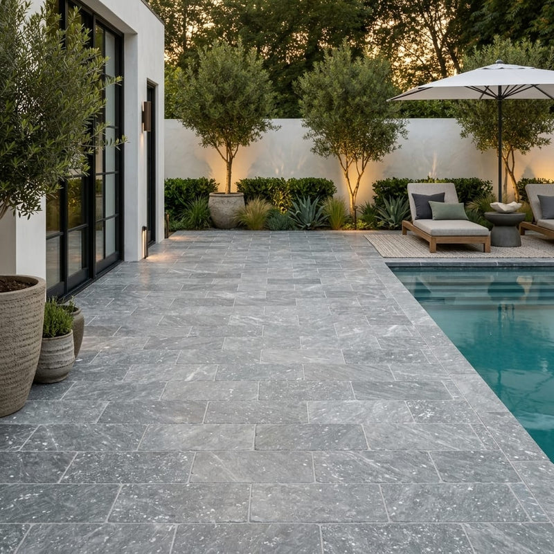 Cumulus Marble Paver 6x12 Tumbled 1.25 inch — Backyard pool deck