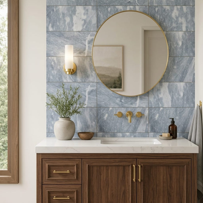 D Blue 12x24 Honed Marble Tile — Bathroom vanity wall