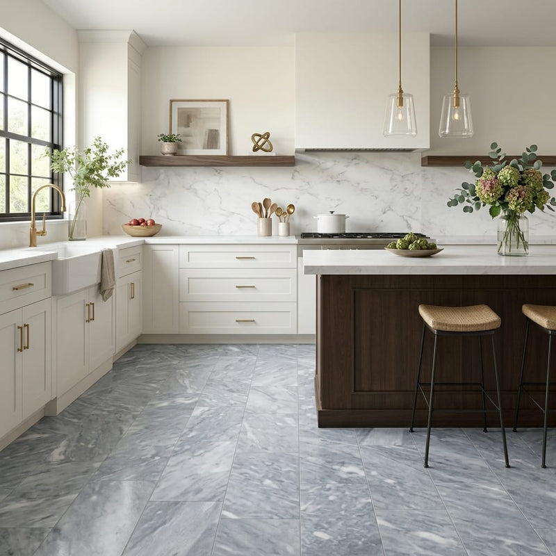 D Blue 12x24 Honed Marble Tile — Kitchen floor