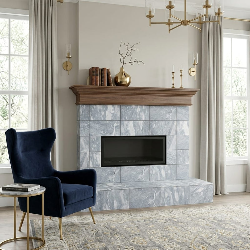 D Blue 12x24 Honed Marble Tile — Living Room fireplace surround