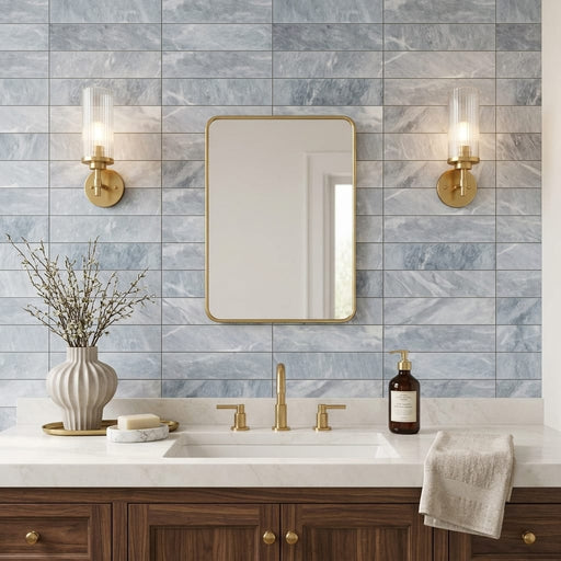 D Blue 4x16 Honed Marble Tile — Bathroom wall